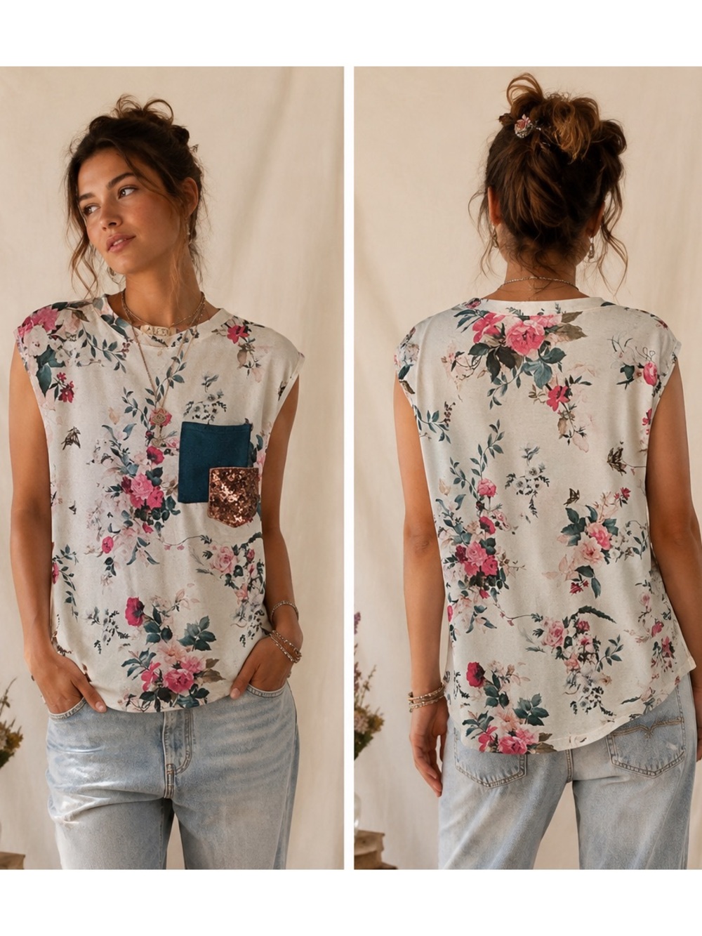 Avery Cream Floral Romantic Tank Pocket 2010’s Boho Gold Sequin Accent Medium